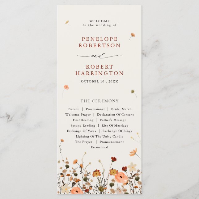 Fall Wildflower Garden Floral Boho Chic wedding Program (Front)