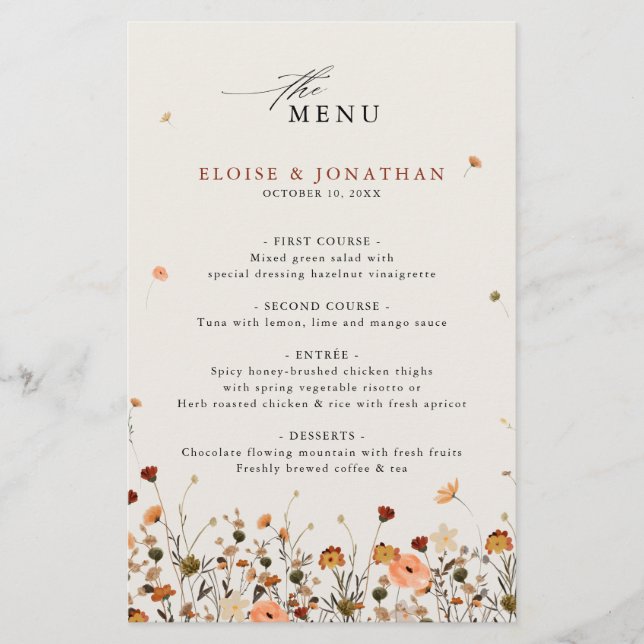 Fall Wildflower Garden Floral Boho  Wedding Menu (Front)