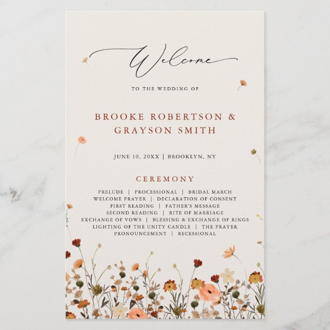 Fall Wildflower Garden Floral Boho Wedding Program (Front)