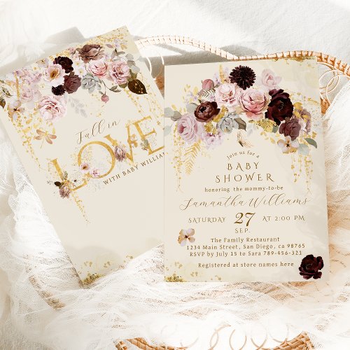 Fall Wildflower Gold Floral Baby Girl Shower Invitation
