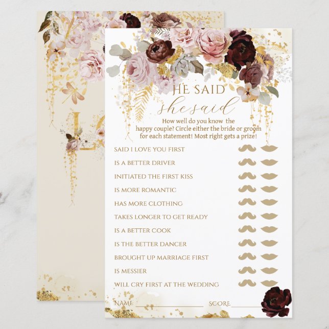 Fall Wildflower Gold Floral Bridal Shower Game (Front/Back)