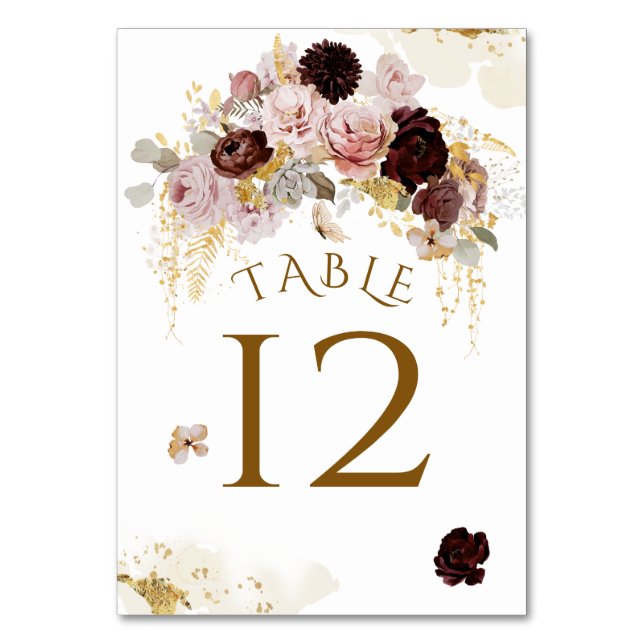 Fall Wildflower Gold Floral Bridal Shower  Table Number (Front)