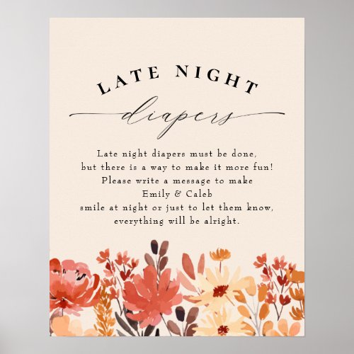 Fall Wildflower Late Night Diapers Baby Shower Poster - Fall Wildflower Late Night Diapers Baby Shower Poster - a fun icebreaker for baby showers