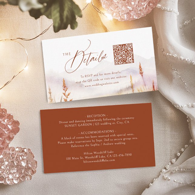 Fall Wildflower Mountain Rustic QR code Details Place Card (Fall Wildflower Mountain Rustic QR code Details Place Card)