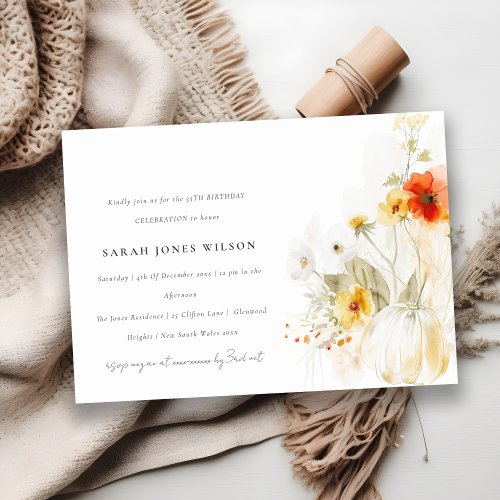 Fall Wildflower Pumpkin Watercolor Birthday Invitation