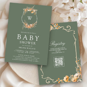 Fall Wildflower QR Code Sage Green Baby Shower Invitation