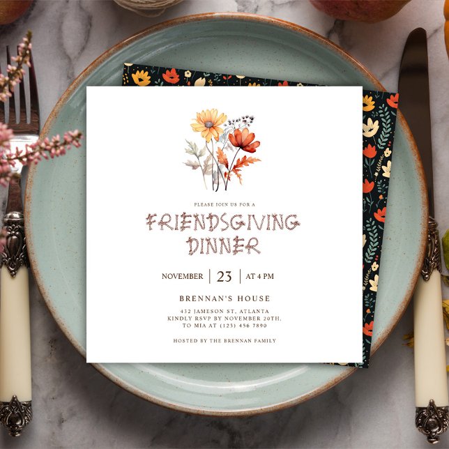 Fall Wildflower Thanksgiving Friendsgiving Dinner Invitation (Floral Modern Friendsgiving Dinner Invitation)
