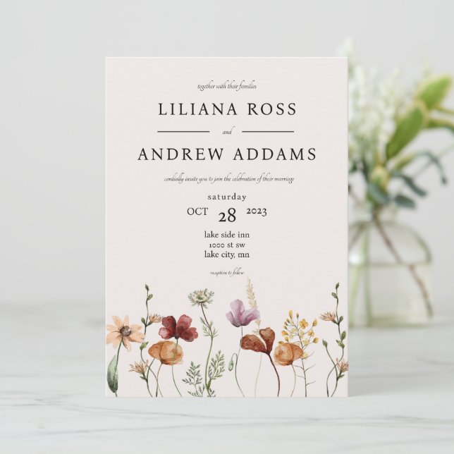 Fall Wildflower Watercolor Wedding Invitation (Standing Front)