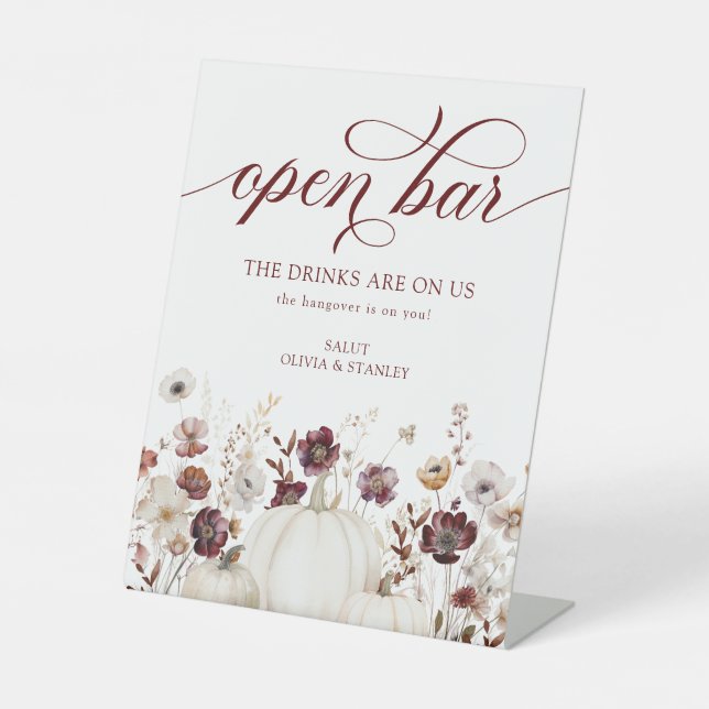 Fall Wildflower Wedding Open Bar Pedestal Sign (Front)