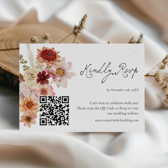 Fall Wildflower Wedding Rsvp QR Code Card (Autumn Floral Wedding RSVP Card)