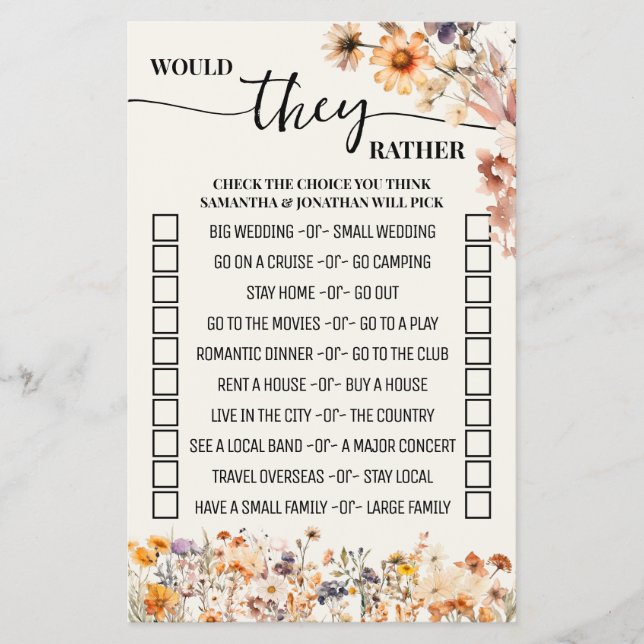 Fall Wildflower Would They Rather Shower Game Card Flyer (Front)