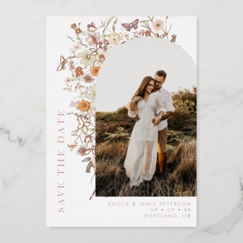 Fall Wildflowers Arch Photo Wedding Save the Date Foil Invitation
