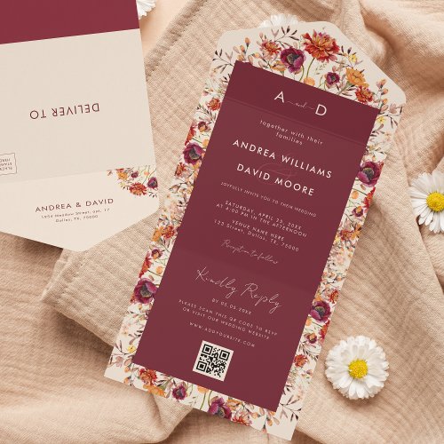 Fall Wildflowers Autumn QR Code RSVP Wedding All In One Invitation