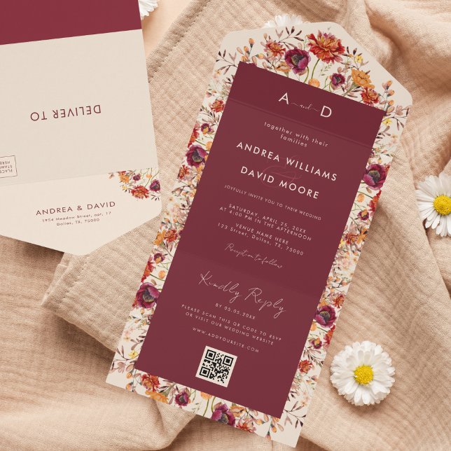 Fall Wildflowers Autumn QR Code RSVP Wedding All In One Invitation (Creator Uploaded)