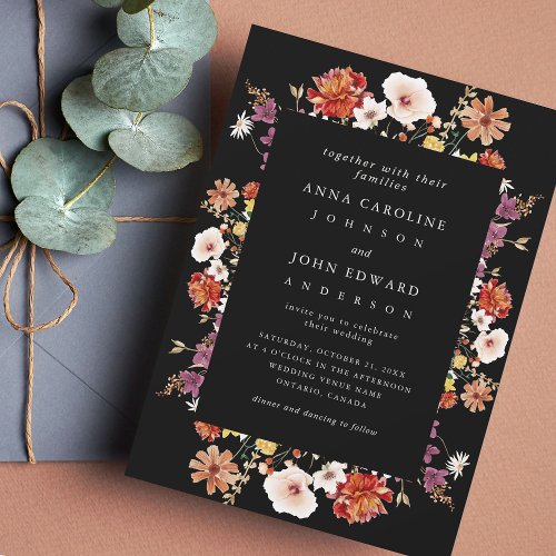 Fall Wildflowers Black Autumn Photo Modern Wedding Invitation