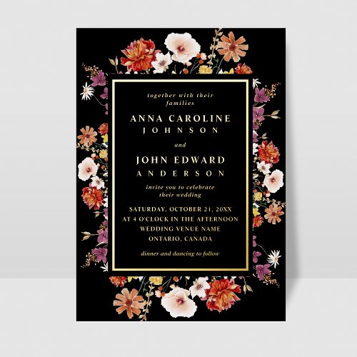 Fall Wildflowers Black Autumn Photo Wedding Real   Foil Invitation