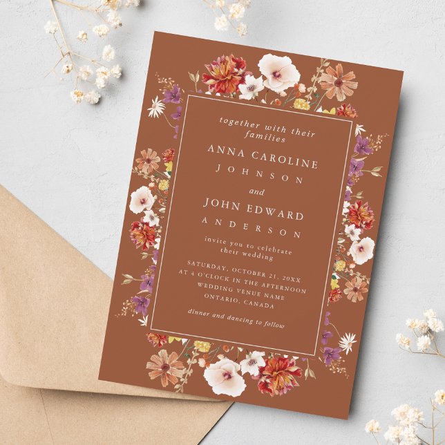 Fall Wildflowers Brown Autumn Photo Modern Wedding Invitation (Creator Uploaded)