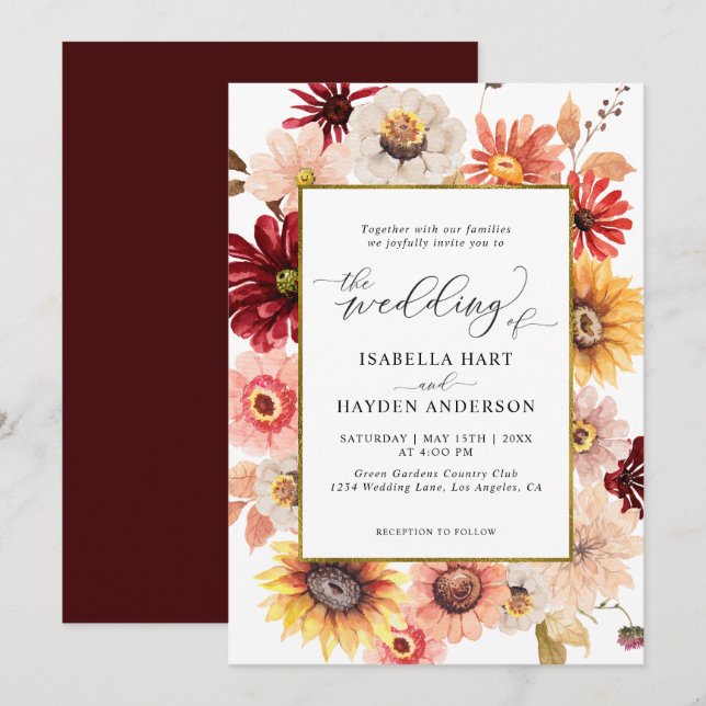 Fall Wildflowers Burgundy Gold Colorful Wedding Invitation (Front/Back)