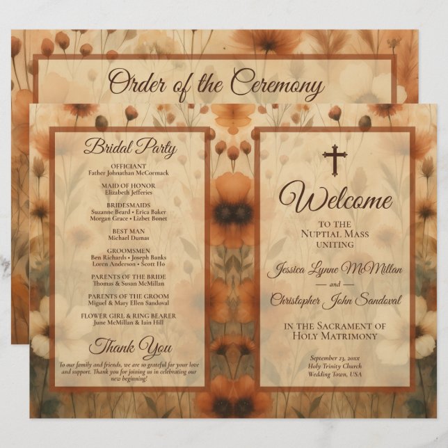 Fall Wildflowers DIY Fold Catholic Wedding Program (Front/Back)