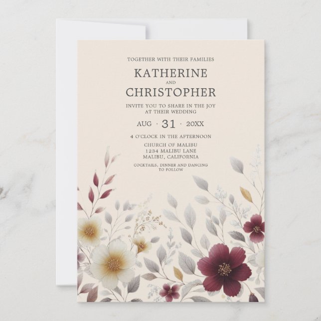 Fall Wildflowers Elegant Burgundy Wedding Invitation (Front)