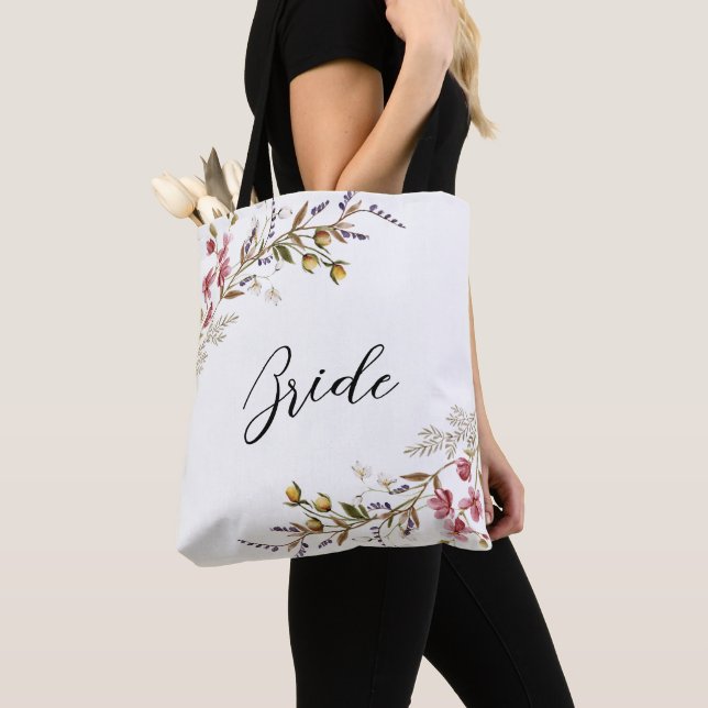 Fall Wildflowers Elegant Script Bride Tote Bag (Close Up)