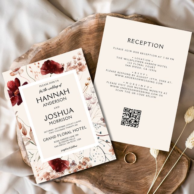 Fall Wildflowers Floral Boho QR Code Wedding Invitation (Creator Uploaded)