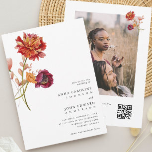 Fall Wildflowers Floral Photo & QR Code Wedding Invitation