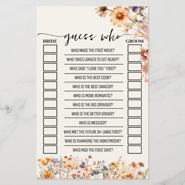 Fall Wildflowers Guess Who Bridal Shower Game Card Flyer (Front)