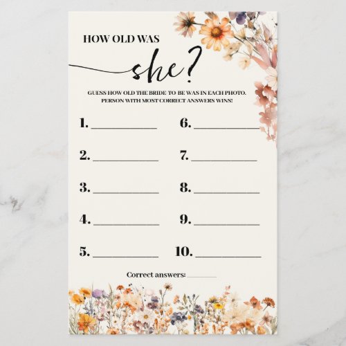 Fall Wildflowers How old was She Shower Game Card Flyer