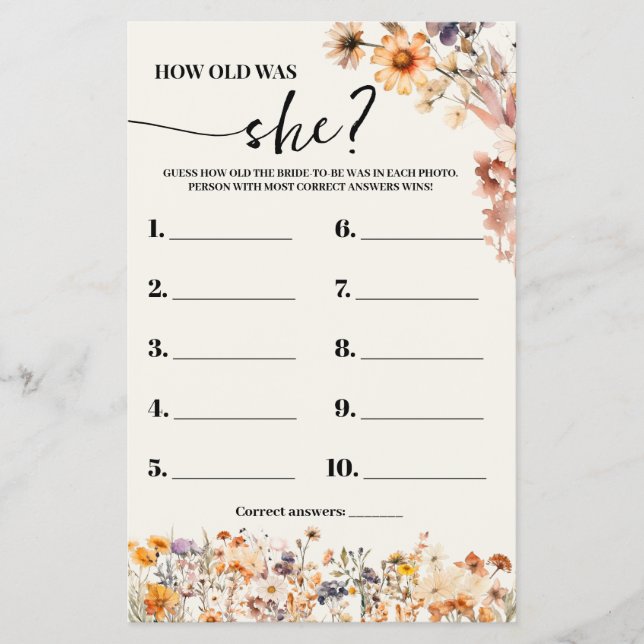Fall Wildflowers How old was She Shower Game Card Flyer (Front)