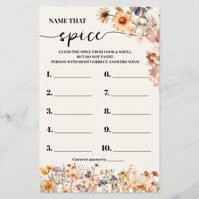 Fall Wildflowers Name that Spice Shower Game Card Flyer (Front)