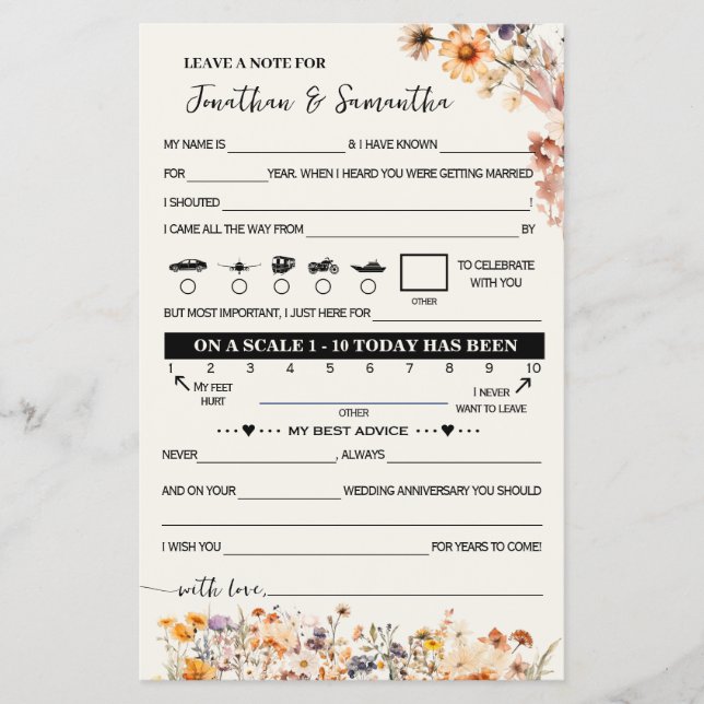 Fall Wildflowers Note for Couple Wedding Game Card Flyer (Front)
