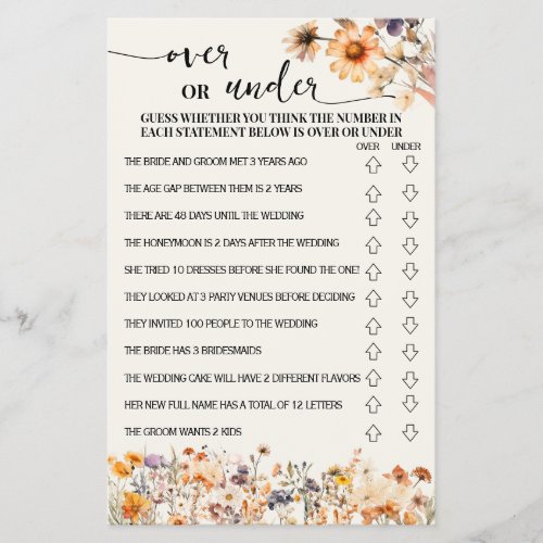 Fall Wildflowers Over or Under Shower Game Card Flyer