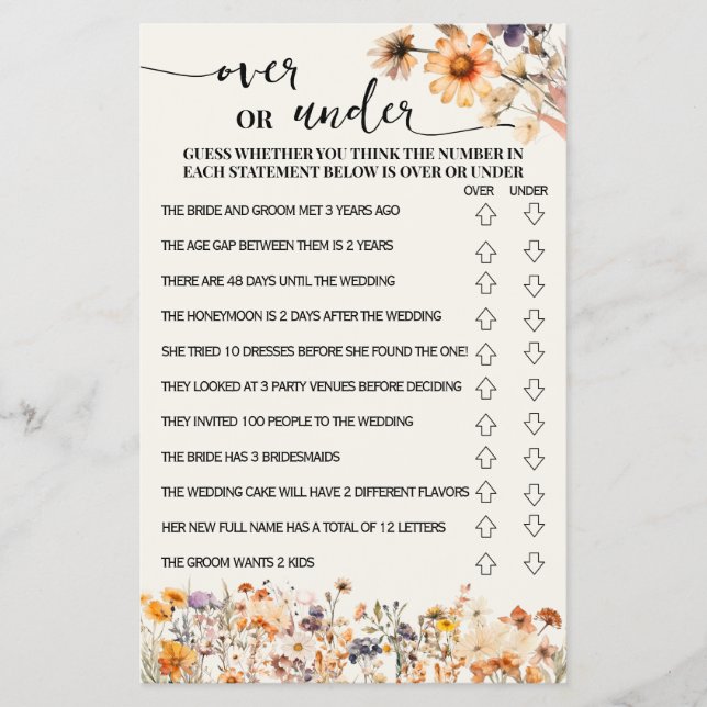 Fall Wildflowers Over or Under Shower Game Card Flyer (Front)