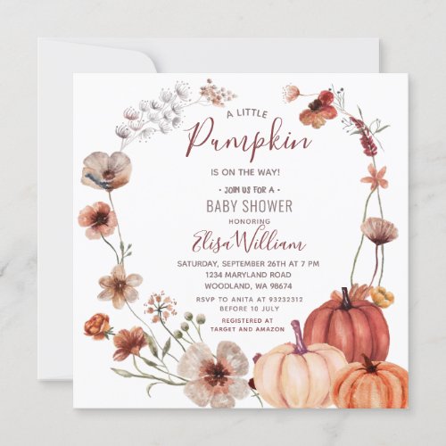Fall Wildflowers Pumpkin is on the way Baby Shower Invitation