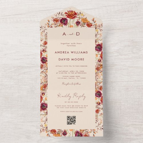 Fall Wildflowers QR Code RSVP Autumn Wedding All In One Invitation