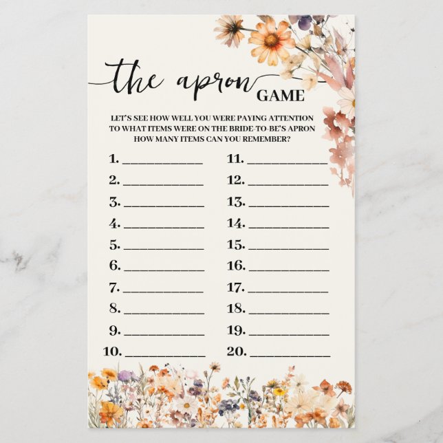 Fall Wildflowers The Apron Bridal Shower Game Card Flyer (Front)