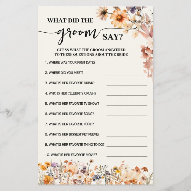 Fall Wildflowers What Groom Say Shower Game Card Flyer (Front)