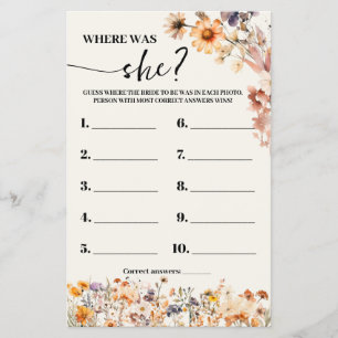 Fall Wildflowers Where was Bride Shower Game Card Flyer