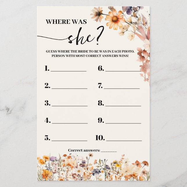 Fall Wildflowers Where was Bride Shower Game Card Flyer (Front)