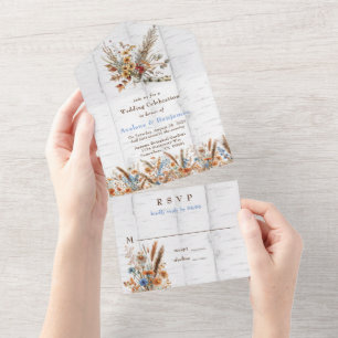 Fall WildFlowers White Birch Tree Wedding All In One Invitation