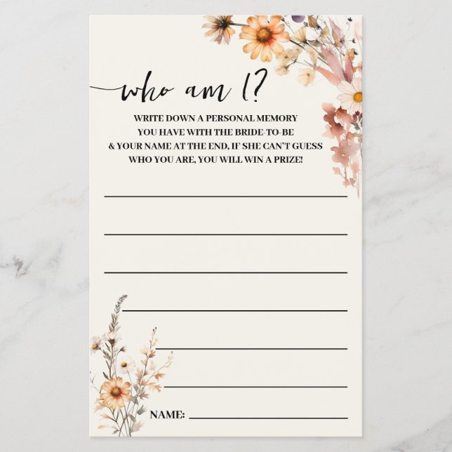 Fall Wildflowers Who am I? Bridal Shower Game Card Flyer (Front)