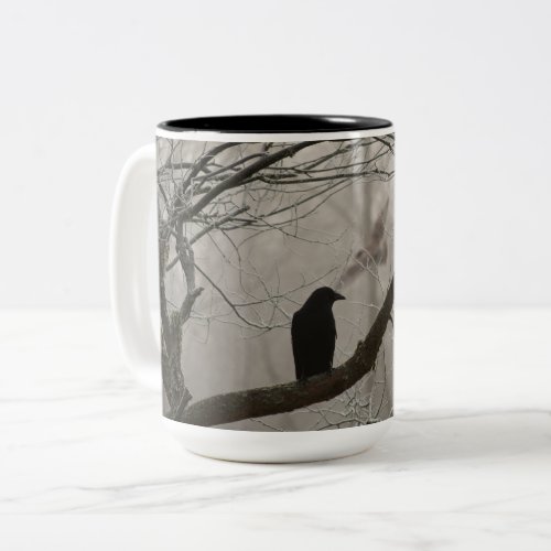 Fall Winter Gloomy Crow or Raven sitting in a tree Two_Tone Coffee Mug
