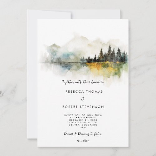fall winter mountain lake wedding invitation