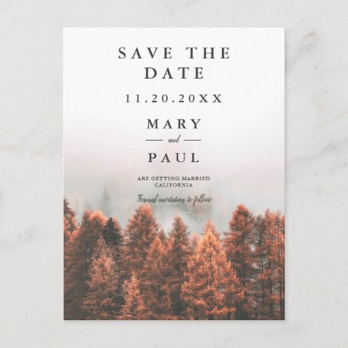 Fall winter pine trees forest photo save the date announcement postcard