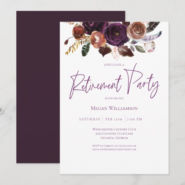 Fall Winter Purple, Pink and Gold Retirement Party Invitation (Front/Back)
