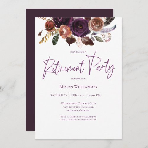 Fall Winter Purple Pink and Gold Retirement Party Invitation