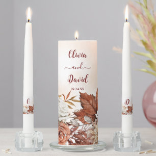 Fall Winter Rustic Brown Floral Wedding Unity Candle Set