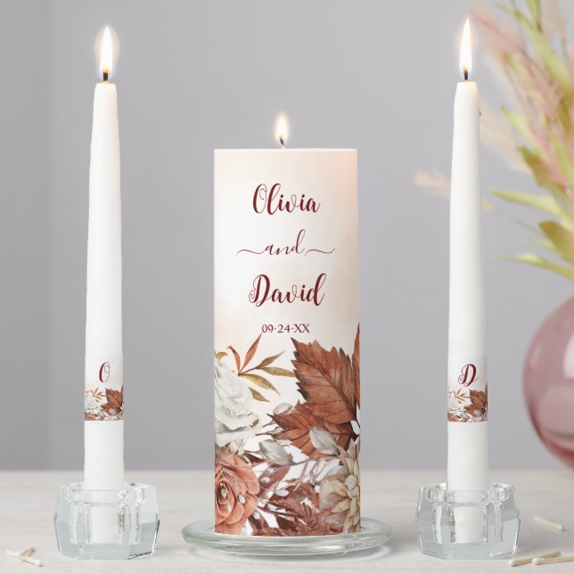 Fall Winter Rustic Brown Floral Wedding Unity Candle Set (In Situ)