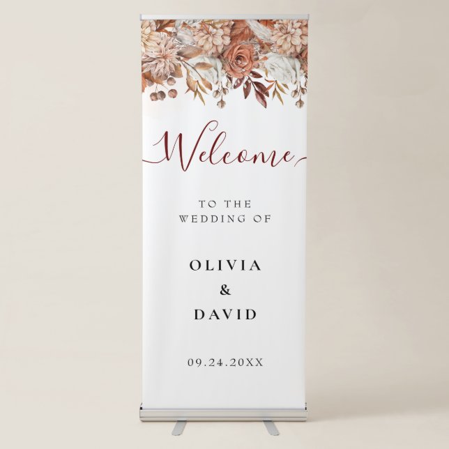 Fall Winter Rustic Brown Florals Wedding Welcome  Retractable Banner (Front)